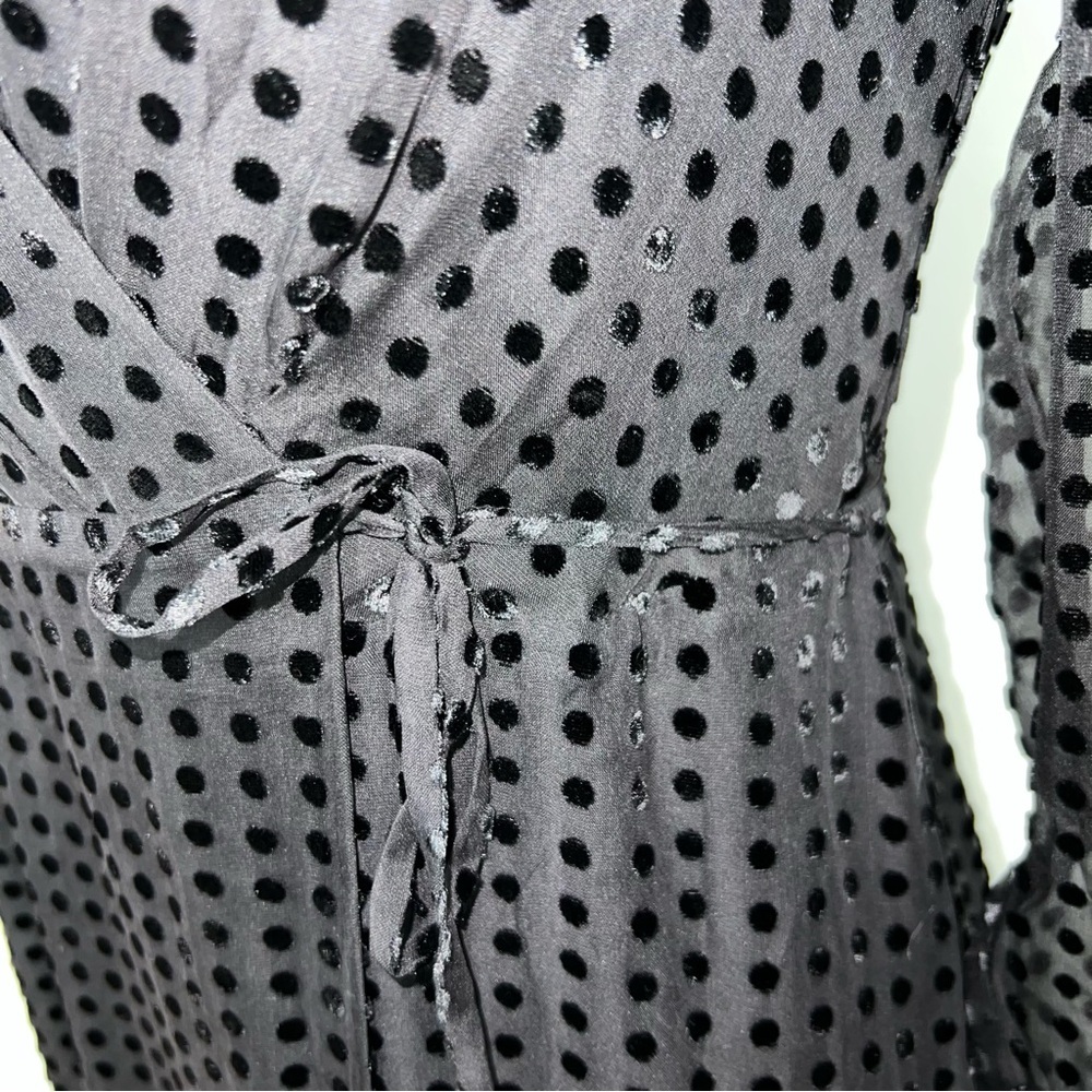 Whistles Black Flocked Polka Dot Wrap Midi Dress US 4 - Picture 10 of 15